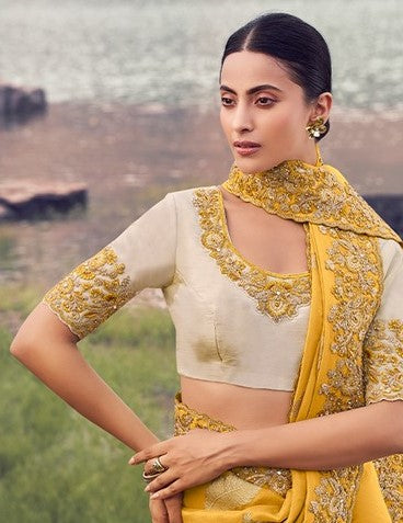 Amazing Yellow Color   Silk Fabric Partywear Sarees