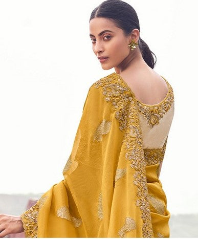 Amazing Yellow Color   Silk Fabric Partywear Sarees