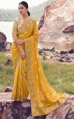 Amazing Yellow Color   Silk Fabric Partywear Sarees