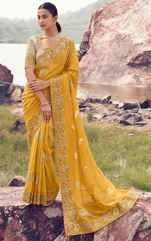 Amazing Yellow Color   Silk Fabric Partywear Sarees