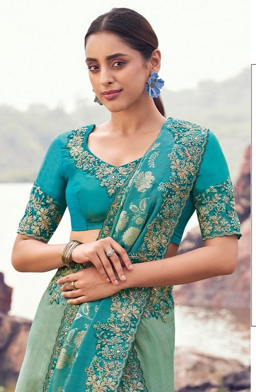 Amazing Turquoise Color   Silk Fabric Partywear Sarees