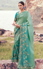 Amazing Turquoise Color   Silk Fabric Partywear Sarees