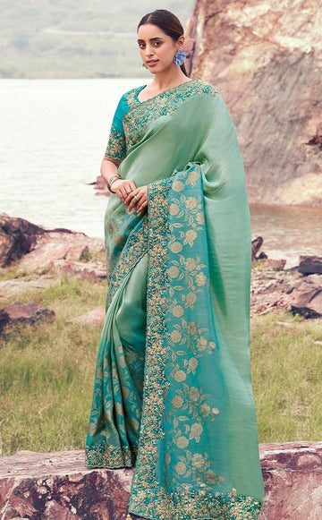 Amazing Turquoise Color   Silk Fabric Partywear Sarees