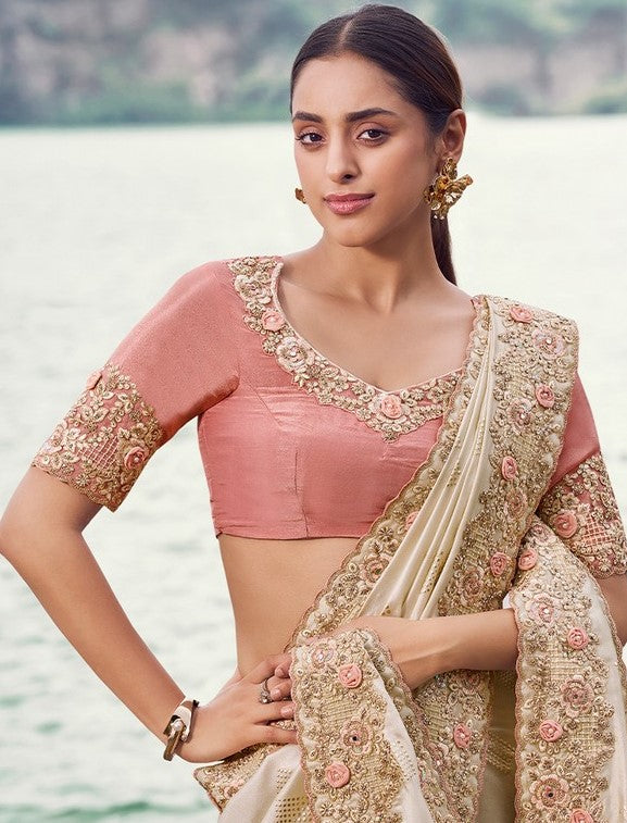 Amazing Beige Color   Silk Fabric Partywear Sarees