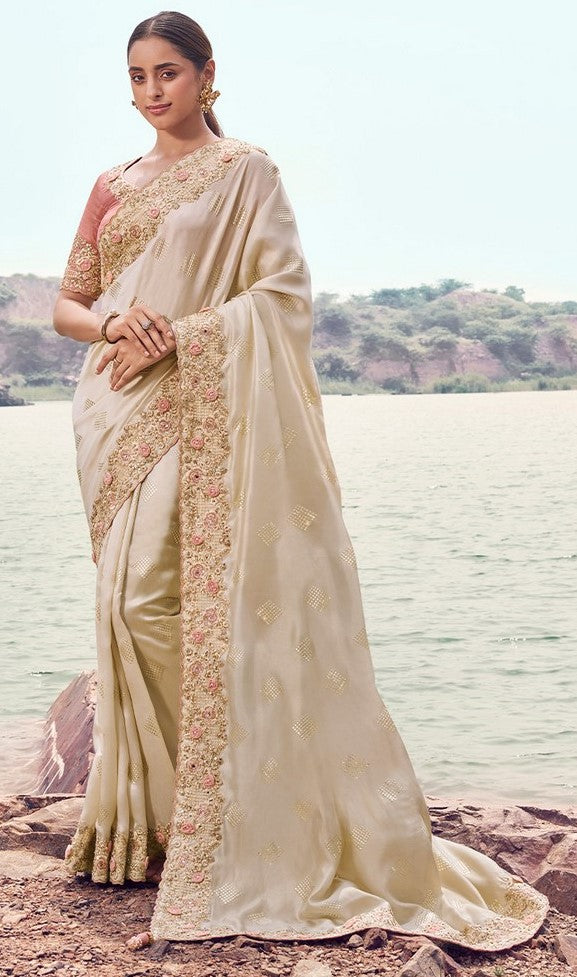 Amazing Beige Color   Silk Fabric Partywear Sarees