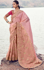 Amazing Peach Color   Silk Fabric Partywear Sarees