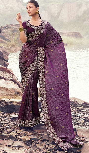 Amazing Wine Color   Silk Fabric Partywear Sarees