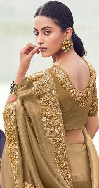 Amazing Beige Color Banarasi Fabric Partywear Sarees