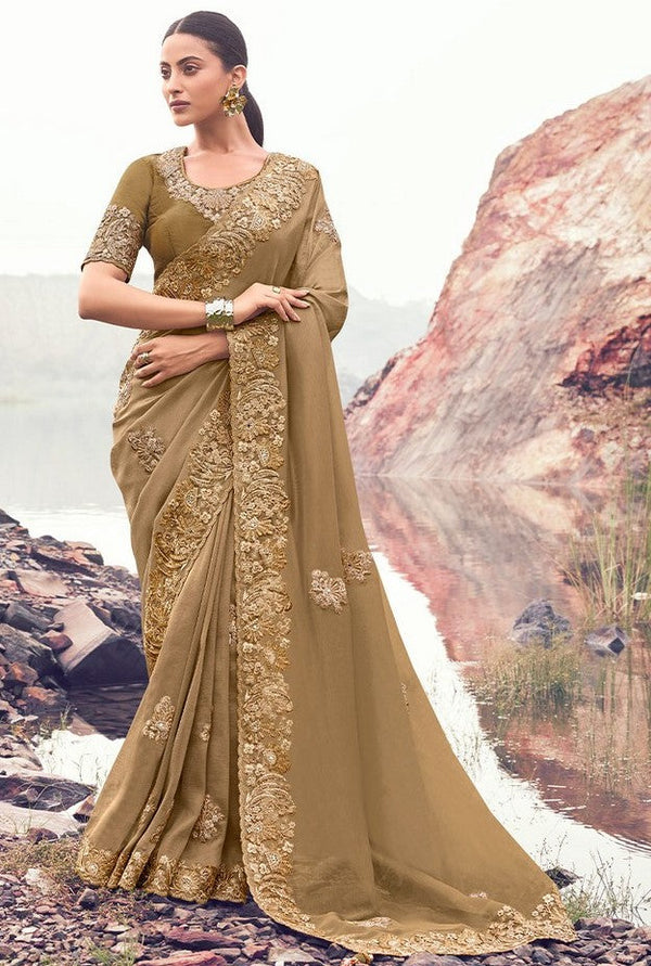 Amazing Beige Color Banarasi Fabric Partywear Sarees