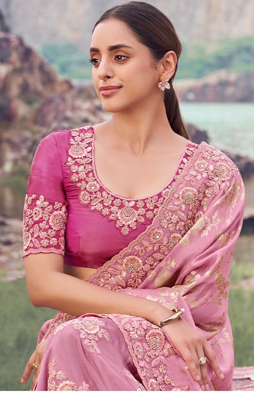 Amazing Pink Color  Jacquard   Fabric Partywear Sarees