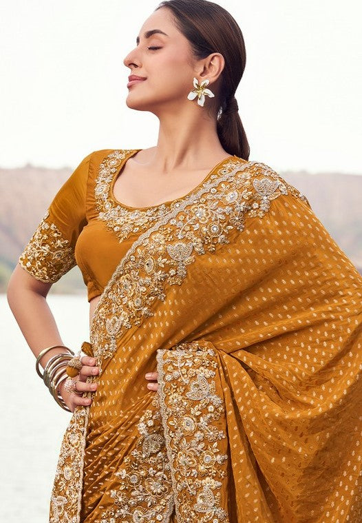Amazing Mustard Color  Jacquard   Fabric Partywear Sarees