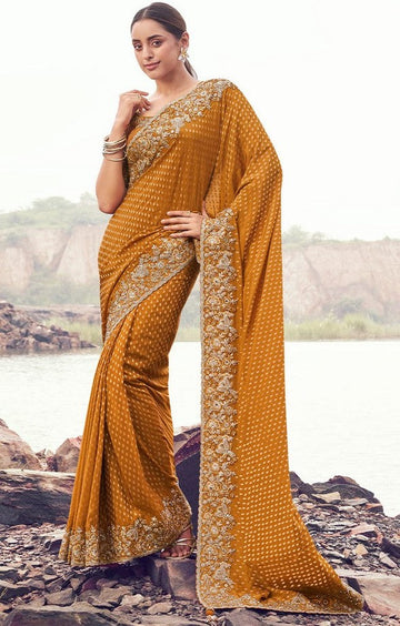 Amazing Mustard Color  Jacquard   Fabric Partywear Sarees