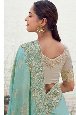 Amazing Aqua Color  Jacquard   Fabric Partywear Sarees