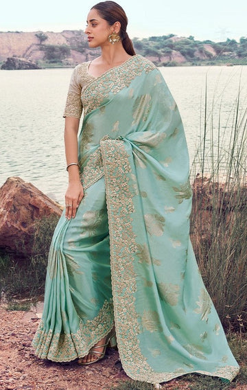 Amazing Aqua Color  Jacquard   Fabric Partywear Sarees