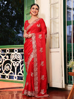 Lovely Red Color Tissue Fabric Casual Saree