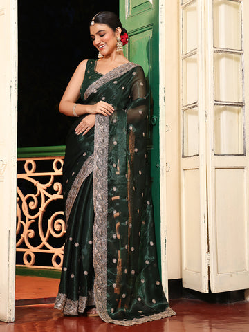 Lovely Green Color Organza Fabric Casual Saree