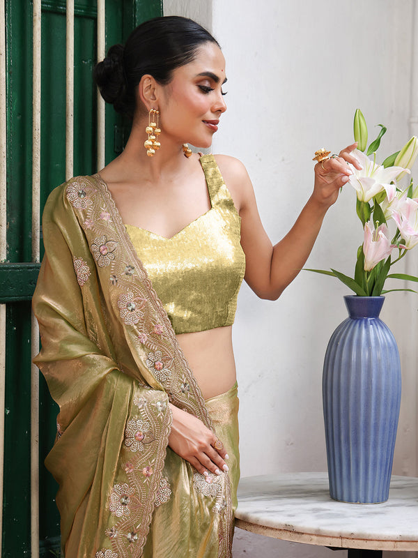 Lovely Green Color Tissue Fabric Casual Saree