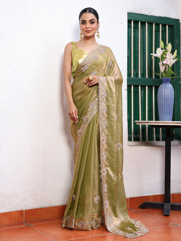 Lovely Green Color Tissue Fabric Casual Saree