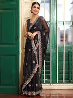 Lovely Black Color Organza Fabric Casual Saree