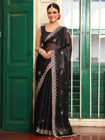 Lovely Black Color Organza Fabric Casual Saree
