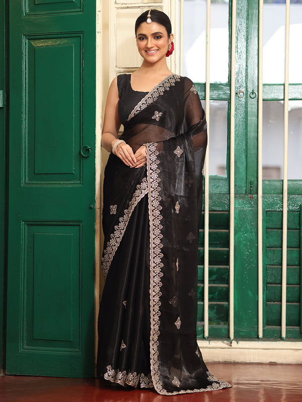 Lovely Black Color Organza Fabric Casual Saree