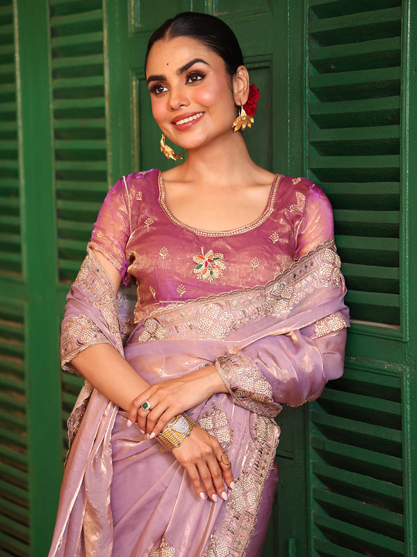 Lovely Purple Color Tissue Fabric Casual Saree