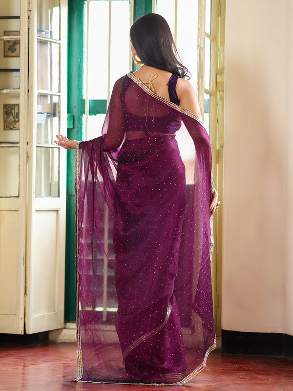 Lovely Wine Color Organza Fabric Casual Saree
