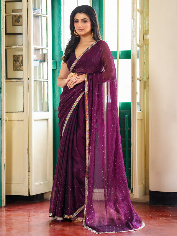 Lovely Wine Color Organza Fabric Casual Saree