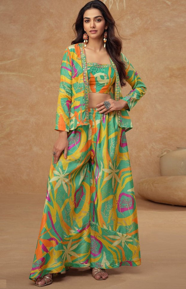 Pretty Green Color Chinon Fabric Designer Suit