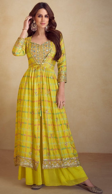 Pretty Yellow Color Chinon Fabric Designer Suit