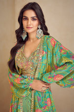 Pretty Green Color Chinon Fabric Designer Suit