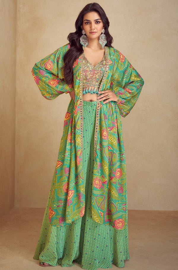 Pretty Green Color Chinon Fabric Designer Suit