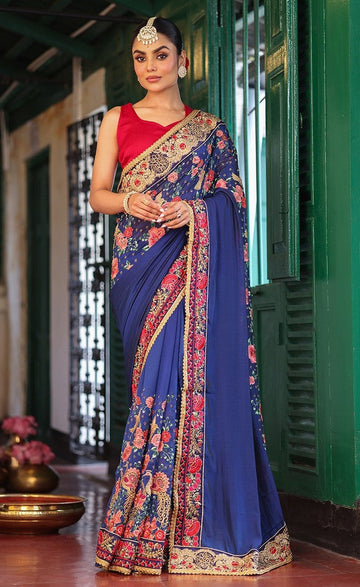 Alluring Blue Color Chiffon Fabric Partywear Saree