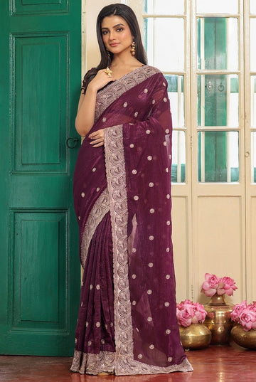 Alluring Wine Color Chiffon Fabric Partywear Saree