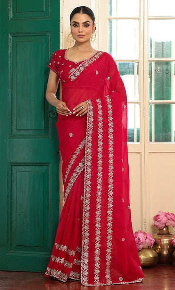 Alluring Red Color Satin Fabric Partywear Saree