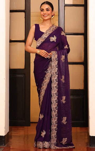 Alluring Voilet Color Satin Fabric Partywear Saree