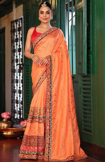 Alluring Peach Color Silk  Fabric Partywear Saree
