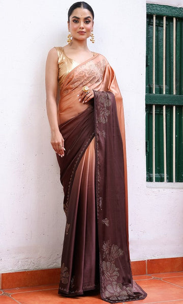 Alluring Peach Color Satin Fabric Partywear Saree