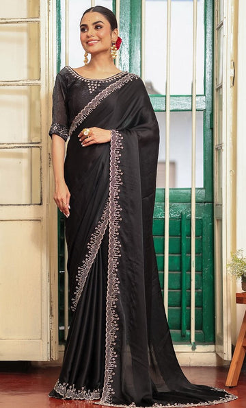 Alluring Black Color Satin Fabric Partywear Saree