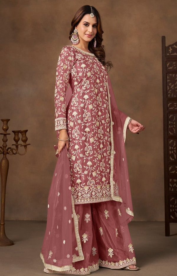 Divine Pink Color Net Fabric Plazzo Suit