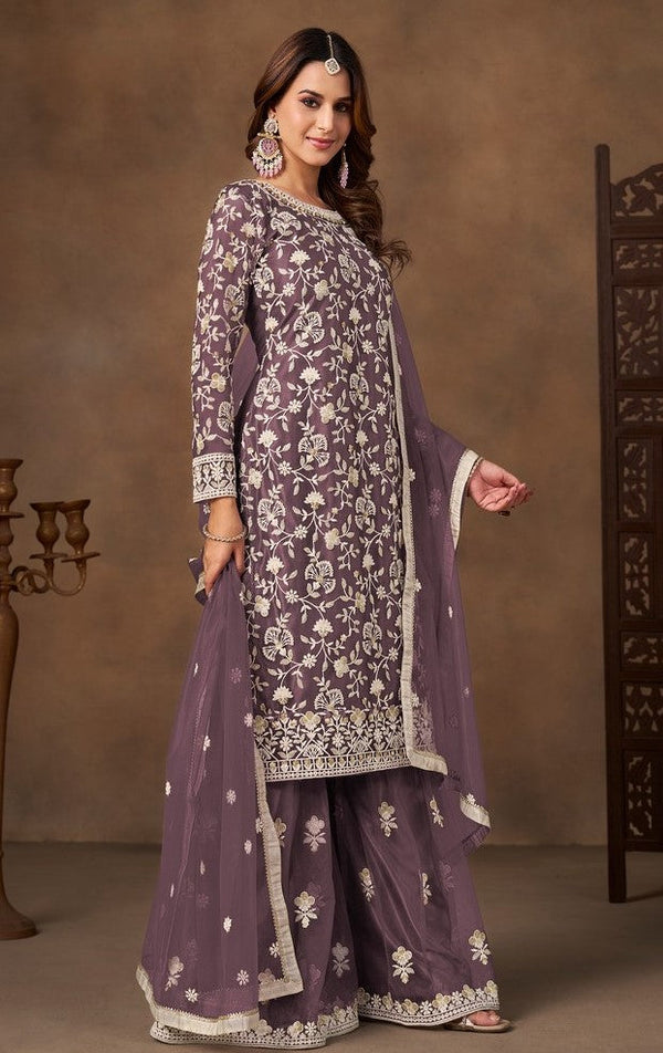 Divine Purple Color Net Fabric Plazzo Suit