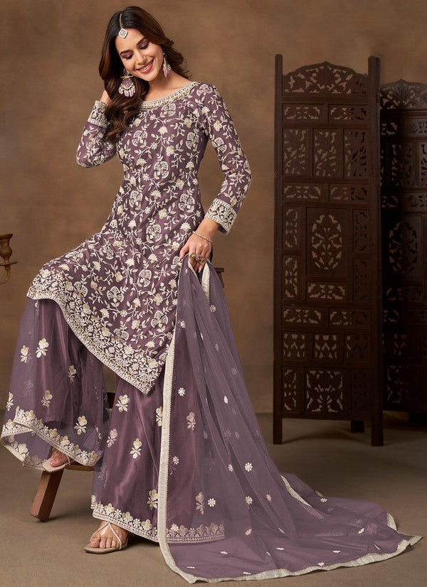 Divine Purple Color Net Fabric Plazzo Suit