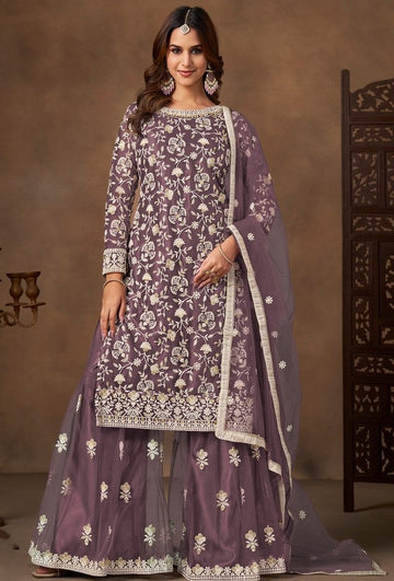 Divine Purple Color Net Fabric Plazzo Suit