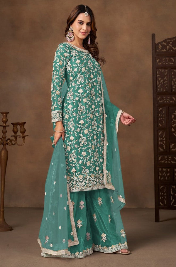 Divine Green Color Net Fabric Plazzo Suit