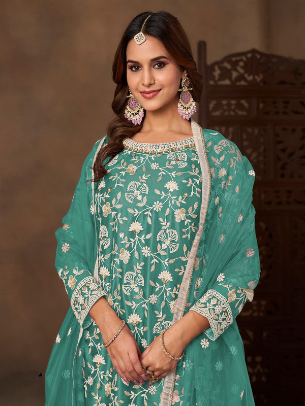 Divine Green Color Net Fabric Plazzo Suit