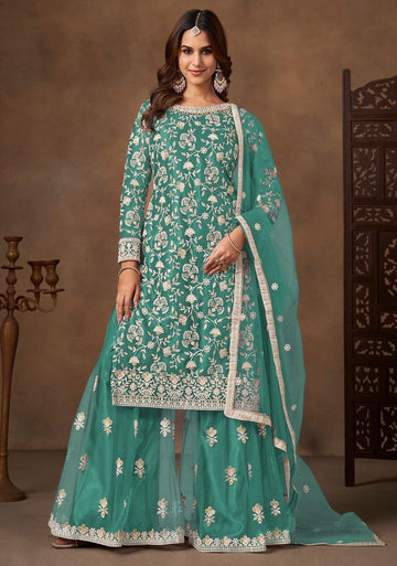 Divine Green Color Net Fabric Plazzo Suit