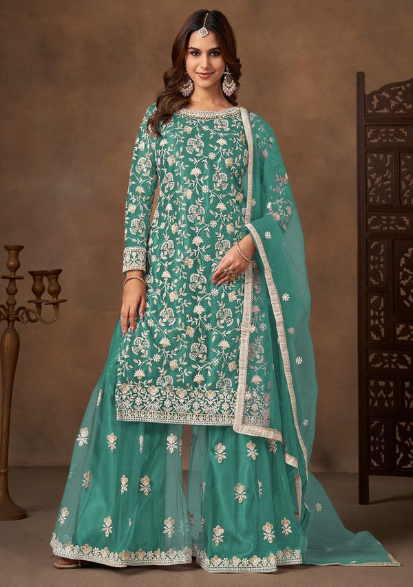 Divine Green Color Net Fabric Plazzo Suit