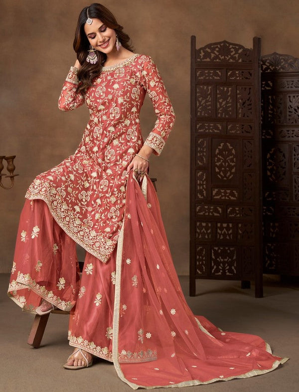 Divine Peach Color Net Fabric Plazzo Suit