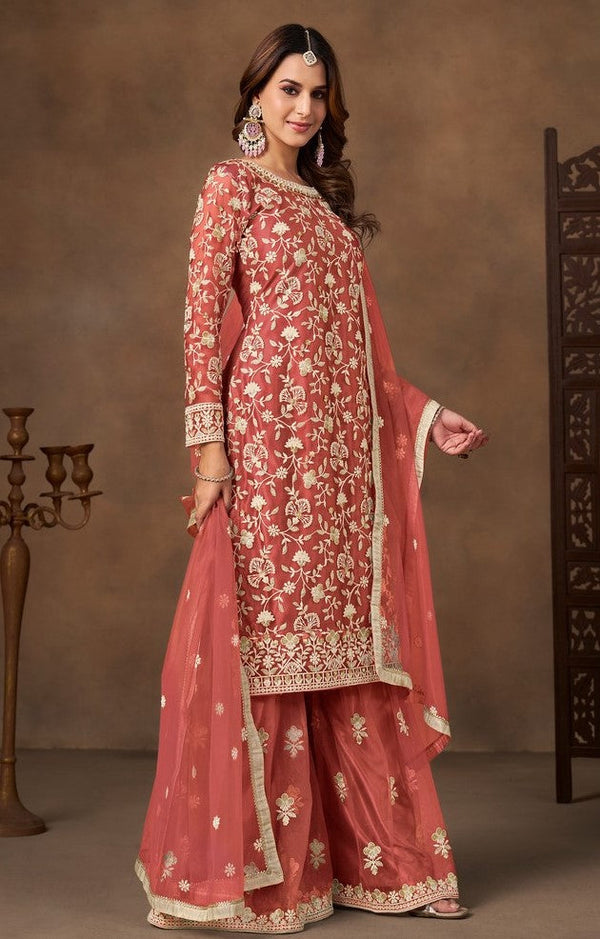 Divine Peach Color Net Fabric Plazzo Suit