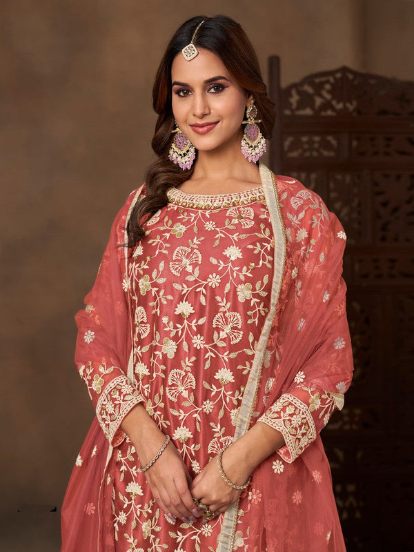 Divine Peach Color Net Fabric Plazzo Suit